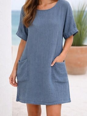 Grade & Gather Cotton Lagenlook Dress – Blue/Gray Gauze Muslin Tunic Pockets S/M